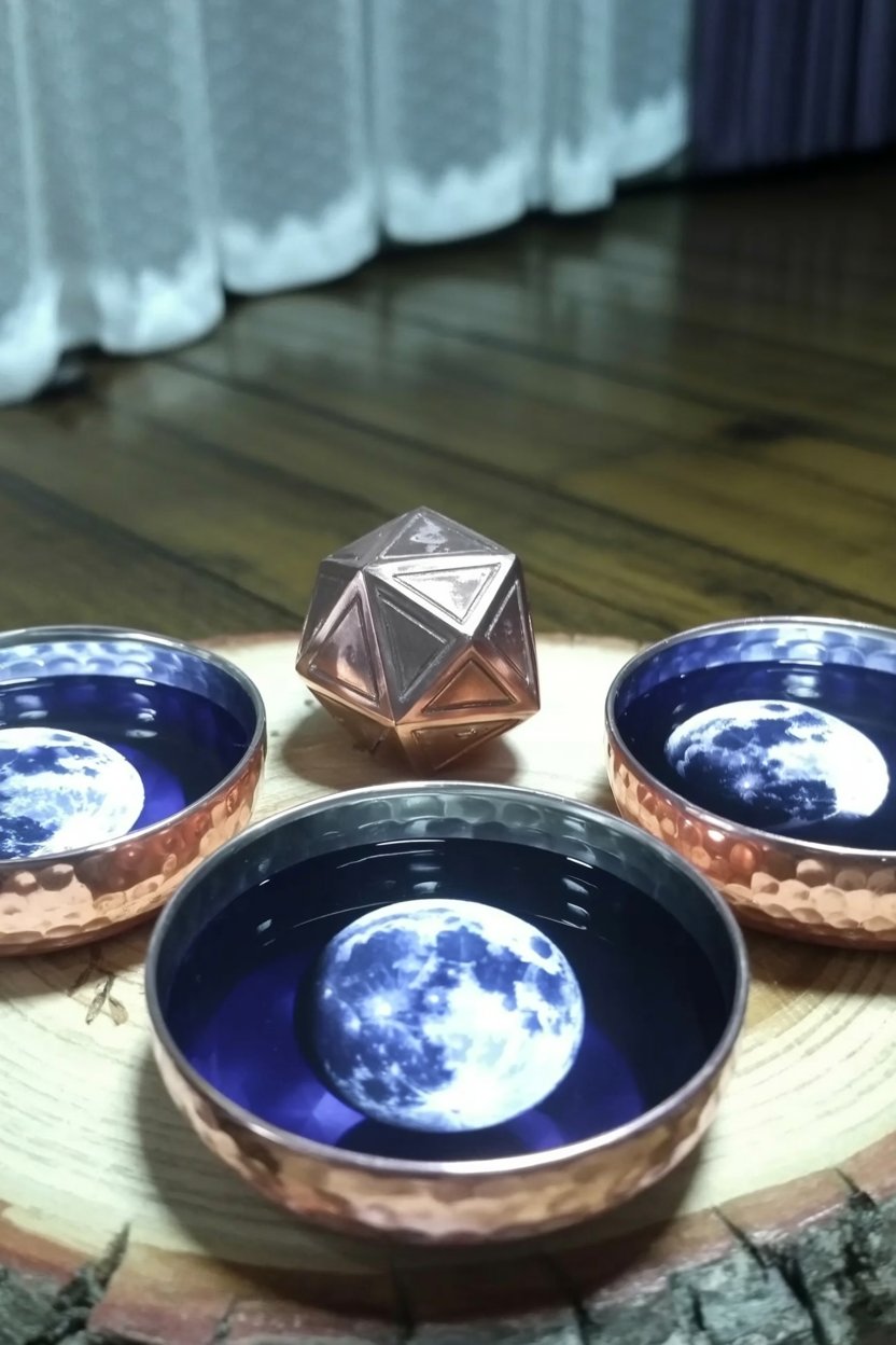 Four copper bowls hold full moon reflections around the twelve sided die Four hand-hammered copper bowls with cobalt blue enamel interiors sit in diamond formation on pale oak floor, each holding water that reflects a full moon. A rose gold dodecahedron die rests at center. Copper connects to Venus (love, money, values), the twelve-sided shape mirrors the twelve astrological houses, and the repeated moon links lunar timing to dice readings the way you'd track moon phases for any other magical work.