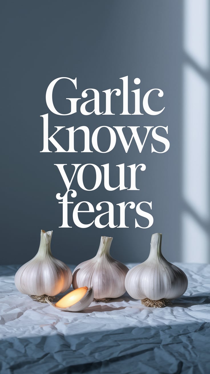 Three bulbs of garlic rest on crumpled white cloth, their papery skins half-peeled, one clove broken open and glowing faintly. The background is a flat matte grey with soft light flooding in from the side. A delicate white serif font stretches across the garlic itself, huge and intrusive, as if whispering a truth too old to question. A cold, clinical image softened by the gentle light and text placement.