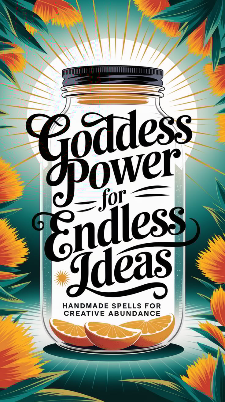 Handmade spells for creative abundance A radiant, sunlit scene with bright orange zest and aquamarine accents. The jar sits in a garden glow. The dominant text in luxurious, modern calligraphy: "Goddess power for endless ideas" Small text: "Handmade spells for creative abundance"