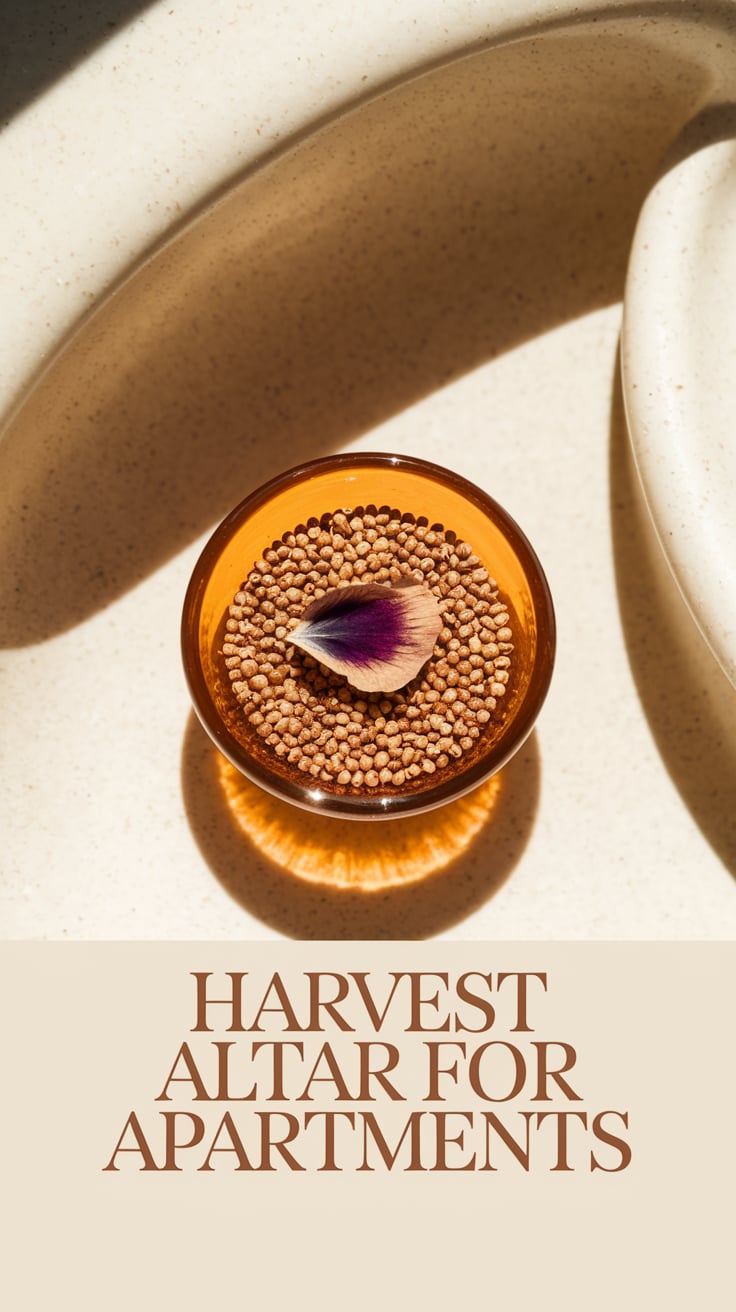 A tiny amber bowl filled with golden grains, centered on a smooth cream surface. A single dried flower petal rests delicately atop the grains. Soft natural light highlights the textures and warmth. Text in bold sans-serif, deep cinnamon hue, is placed just beneath the bowl, clear and elegant.