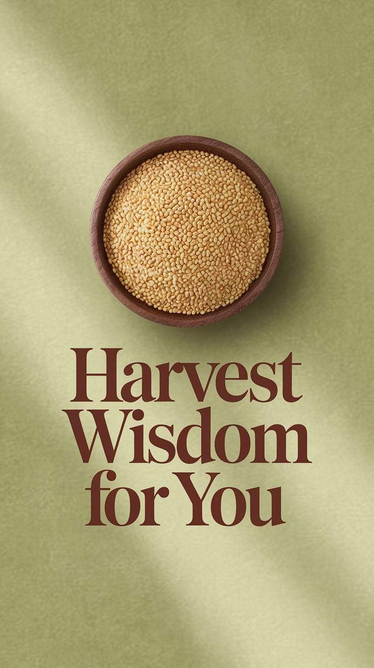 A simple wooden bowl filled with golden grains, centered on a soft moss green background. Gentle shadows add depth and warmth. Text in large italic serif, rich brown, floats just beneath the bowl, clear and elegant.