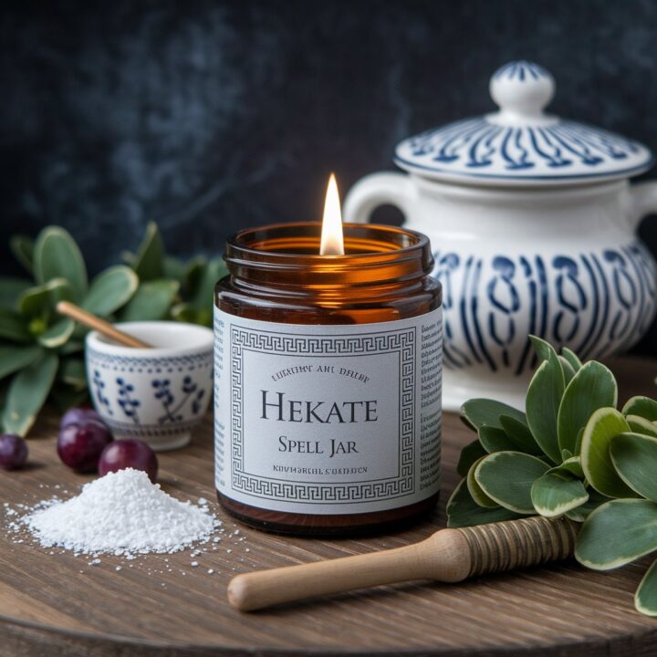 Hekate Spell Jar A Hekate spell jar, candle, salt, herbs, and tools