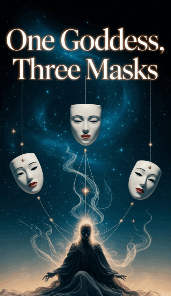 Floating porcelain masks (young, mature, aged) swirl through a void of stars. Threads connect them to a central dark figure cloaked in smoke. One Goddess, Three Masks is styled in huge soft serif, glowing like ancient starlight.