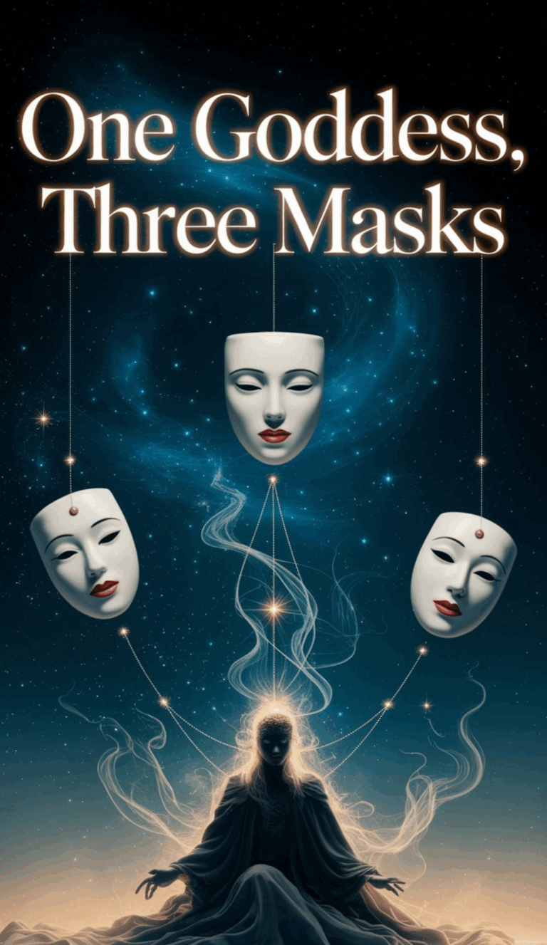 Floating porcelain masks (young, mature, aged) swirl through a void of stars. Threads connect them to a central dark figure cloaked in smoke. One Goddess, Three Masks is styled in huge soft serif, glowing like ancient starlight.