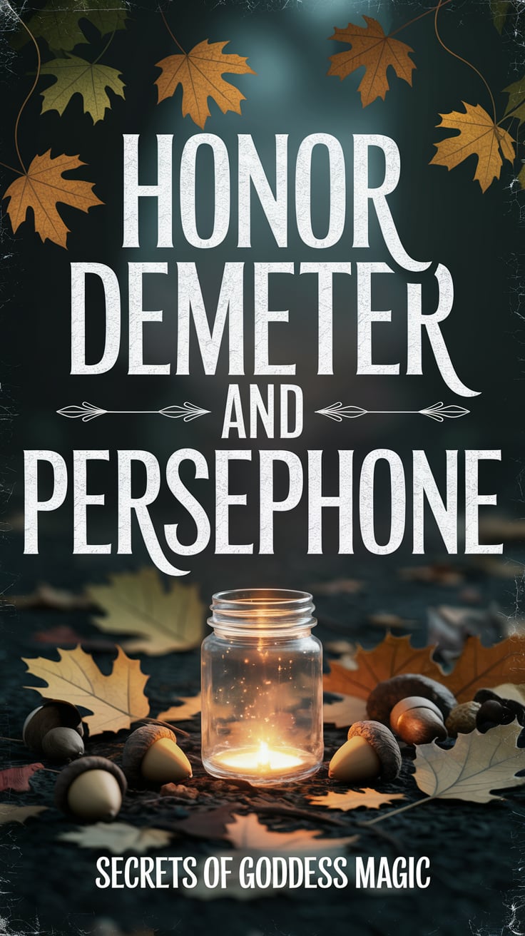 Deep forest scene with fallen leaves and acorns scattered around a small, glowing jar. The font is large, distressed, white against a dark background: "Honor Demeter and Persephone" Smaller at the bottom: “Secrets of goddess magic”