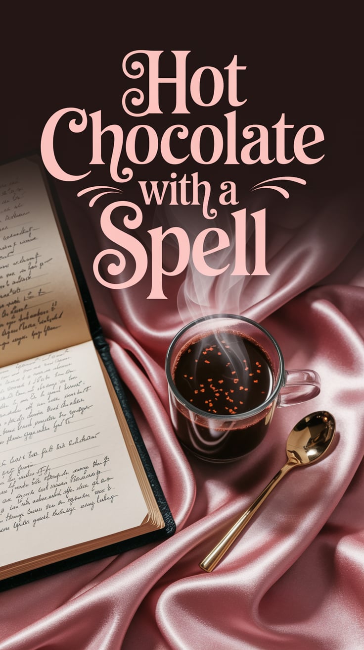 Flat lay of a grimoire beside a steaming cup of dark chocolate with chili. A golden spoon glows next to it. Background of pink silk folds. Text in soft pink cursive hovers gently above the cup.