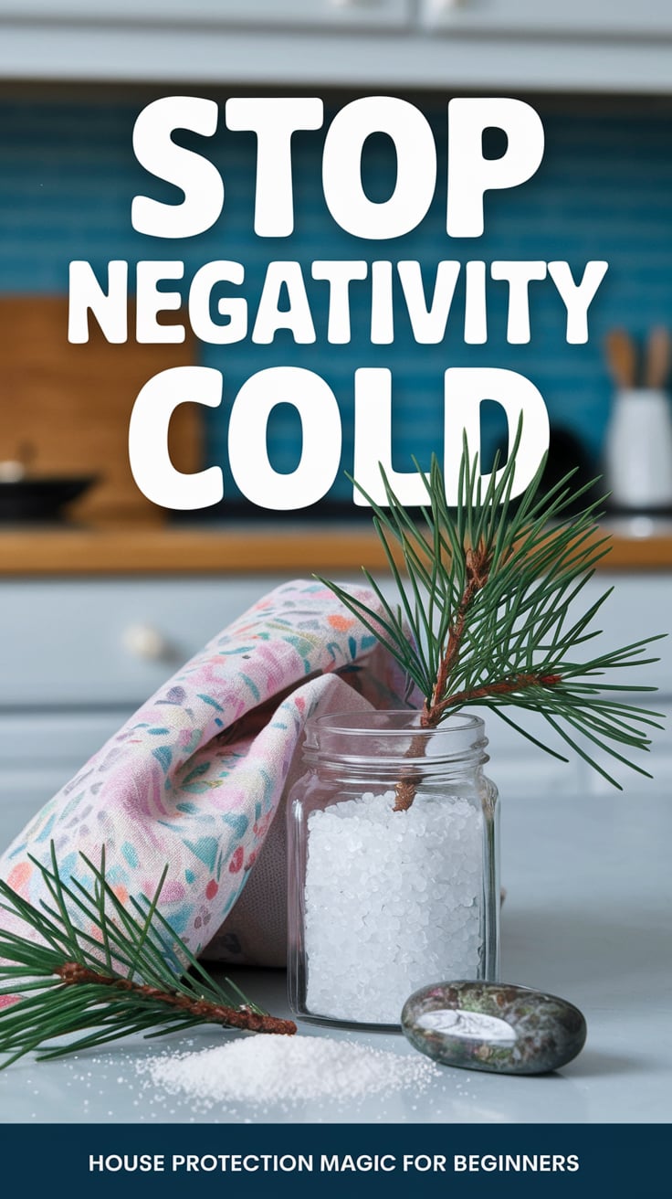 A cheerful kitchen scene with salt poured into a jar with pine needles and a shiny stone, featuring a pastel-colored cloth. The large, eye-catching font in white states “Stop Negativity Cold.” The scene looks inviting, empowering the viewer. Footer: “House protection magic for beginners.”