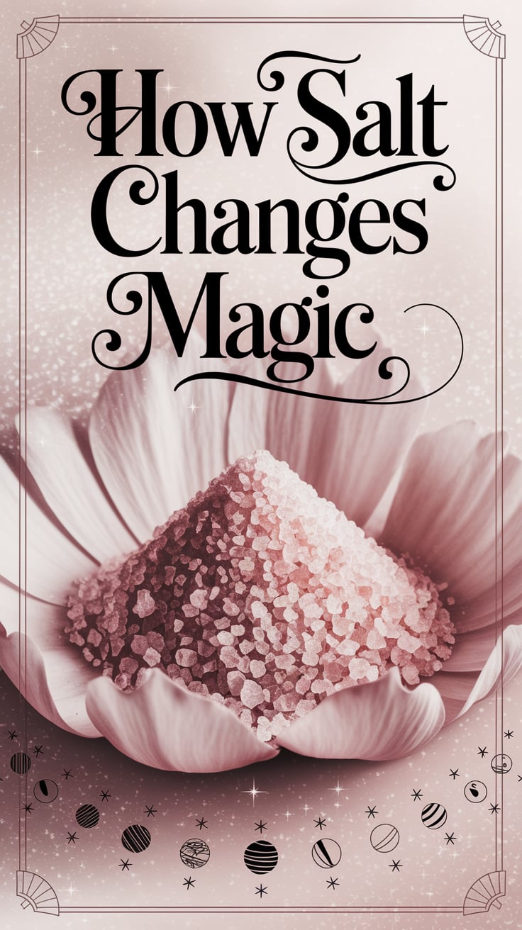 How Salt Changes Magic One large grain of salt—zoomed in, impossibly detailed—rests in the center of a petal-soft surface. The entire background is a haze of ivory and faint sparkle, as though suspended in ritual breath. Around the edge of the frame, faint outlines of planetary sigils are just visible. It feels ancient and delicate, like you’re learning something forbidden but sweet.