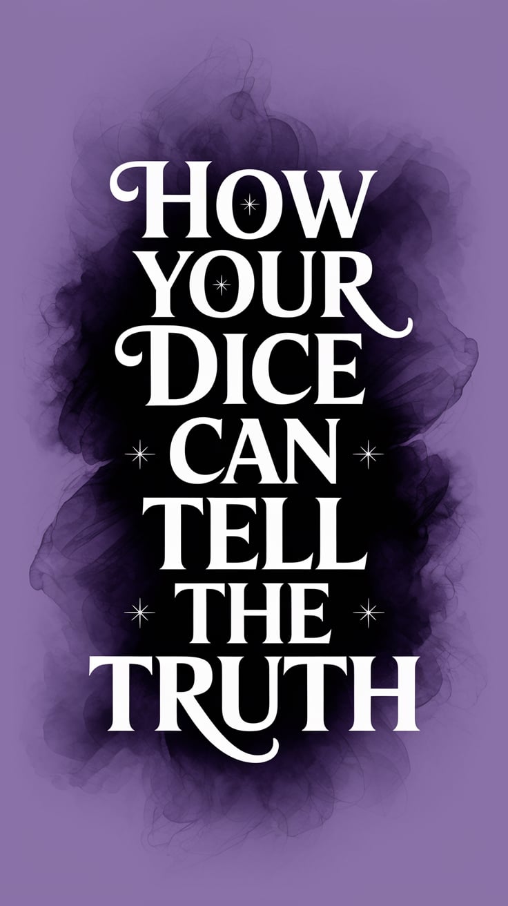 How Your Dice Can Tell The Truth Centered on a smoky lavender backdrop, the text is in a large serif font with slight italic curves, crisp white and glowing faintly. The background fades into soft mist around the edges, suggesting mystery. The negative space is vast, making the phrase feel like a whispered secret, promising the power of astro dice to reveal hidden clarity.