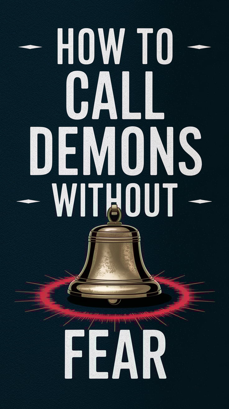A single bell made of tarnished brass sits centered, its clapper visible. A thin circle of red pigment surrounds its base, like a summoning mark. The background is textured matte black. The text is bone-white with red underlines, sharp and simple, giving an immediate sense of clarity and focus.