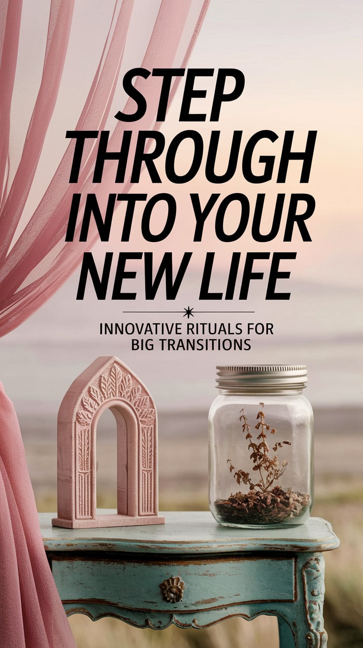 An ethereal scene with a translucent pink curtain billowing in a gentle breeze, a jar with a tiny carved doorway and dried herbs inside, set on a vintage table. The large text boldly proclaims “Step Through Into Your New Life”. Smaller: “Innovative Rituals for Big Transitions”