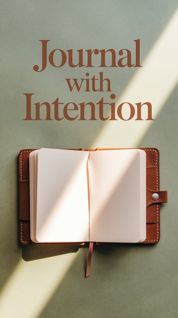 Journal With Intention A handmade leather journal, open to a blank page, placed in the center of a faded sage background. A single shaft of golden sunlight falls diagonally across the page. “Journal With Intention” is set in a soft terracotta serif, large and centered above the journal.