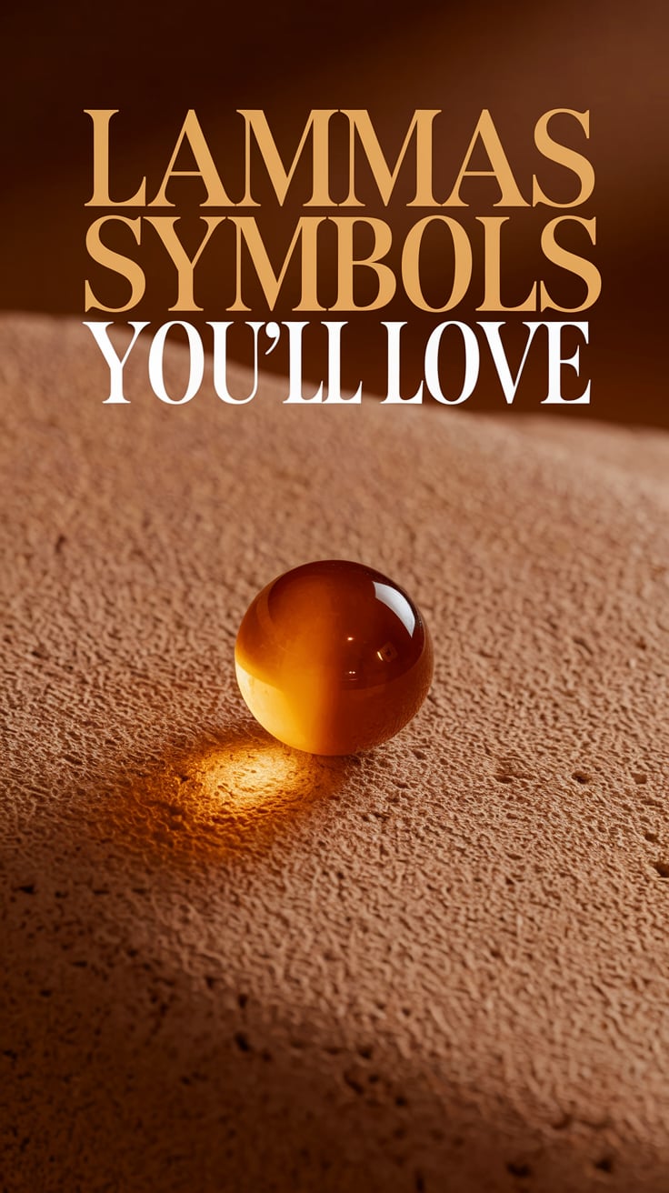 Lammas Symbols Youll Love A close-up of a single smooth, round amber bead lying on a textured sandstone surface. The bead glows warmly and reflects soft light, drawing the eye. Background is a warm terracotta with a subtle grainy texture. Text is large italic serif in golden-yellow, centered below the bead.