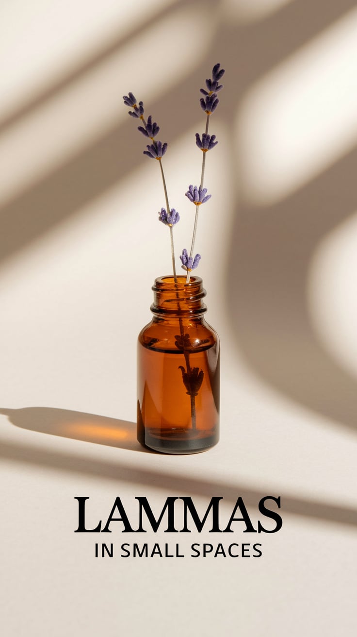 A small amber glass bottle with a sprig of dried lavender inside, centered on a matte cream background. Soft shadows add depth, while the lavender’s purple contrasts gently with the amber. Text in large sans-serif, warm cinnamon, rests below the bottle, simple and elegant.