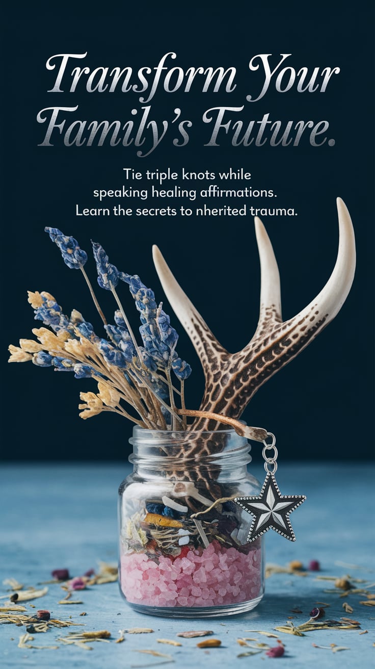 A delicate scene with a tiny carved antler, dried herbs, and pink salt layered in a miniature jar. A star-shaped charm glints at the edge. The massive text in silvery script says “Transform Your Family’s Future.” "Tie triple knots while speaking healing affirmations." "Learn the secrets to healing inherited trauma."