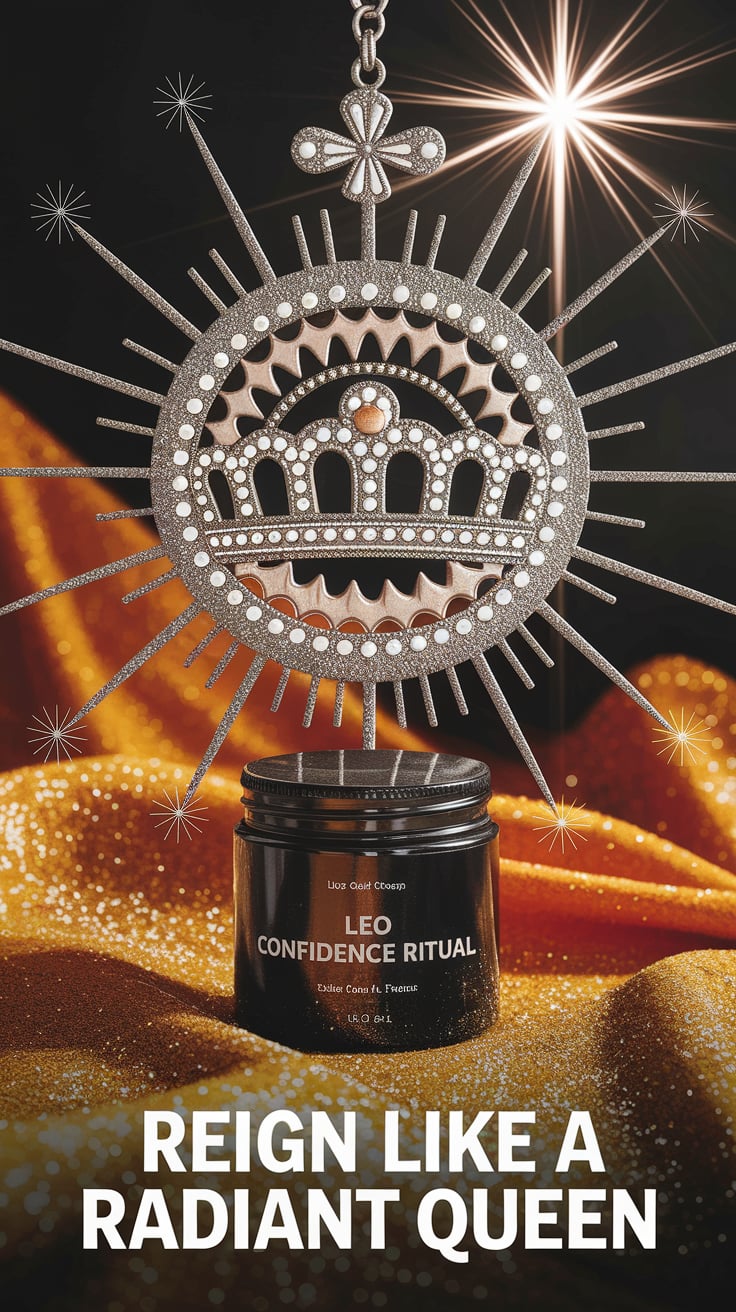A powerful scene with a crown charm, glowing sun rays, and glitter sparkling on a vibrant orange cloth. The jar sits boldly at the center. Text: “Reign like a radiant queen” Smaller: ‘Leo confidence ritual’.