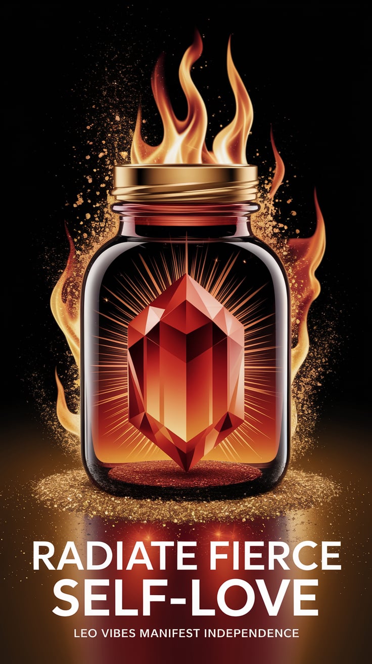 A striking image of a jar with a carnelian stone, surrounded by gold glitter and a fiery background. Light emphasizes its glow. Text: “Radiate fierce self-love” Smaller: ‘Leo vibes manifest independence’.