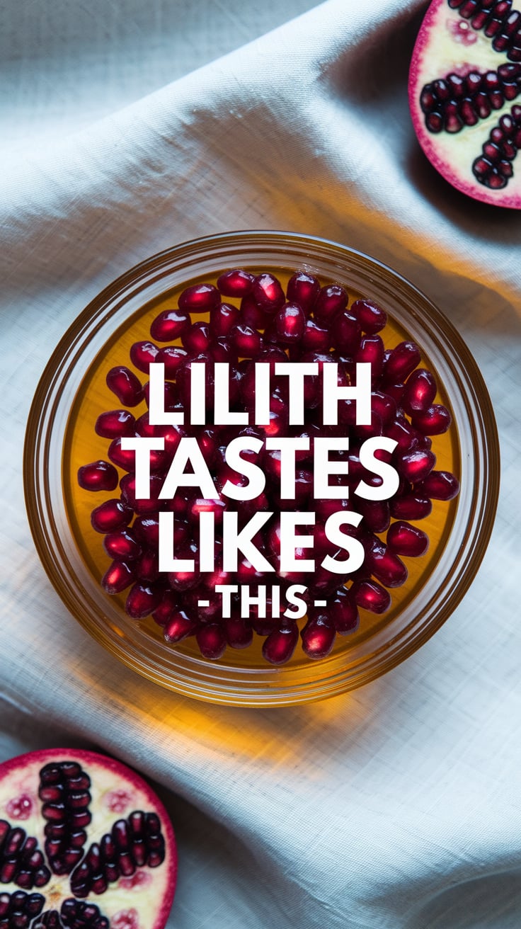 Lilith Tastes Like This A top-down view of a glass bowl full of blood oranges and pomegranate seeds, glistening with honey. The fruits look like they’re glowing from within. The background is soft linen, with a single pomegranate cut in half to the side, almost bleeding. The text is bold and dead center, wrapped in a halo of soft white light.