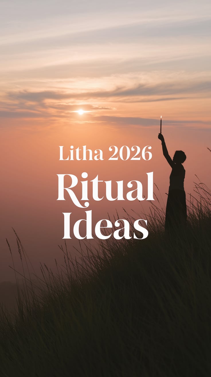 A solitary figure in silhouette raises a candle at the edge of a grassy hill, the sun just peeking over the horizon. Everything is backlit, warm gold and shell pink. The image feels devotional and calm. “Litha 2026 Ritual Ideas” appears in clear, serif type centered over the sunrise.