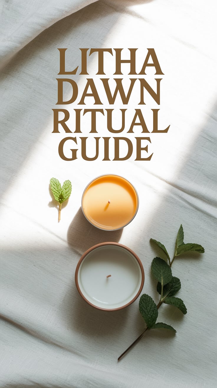 A flat lay of a light linen altar cloth with one beeswax candle, a bowl of water, and a sprig of fresh mint, all arranged in a triangle. Light beams in softly from the upper right. The backdrop is pale driftwood texture. “Litha Dawn Ritual Guide” is bold and centered in warm gold font.