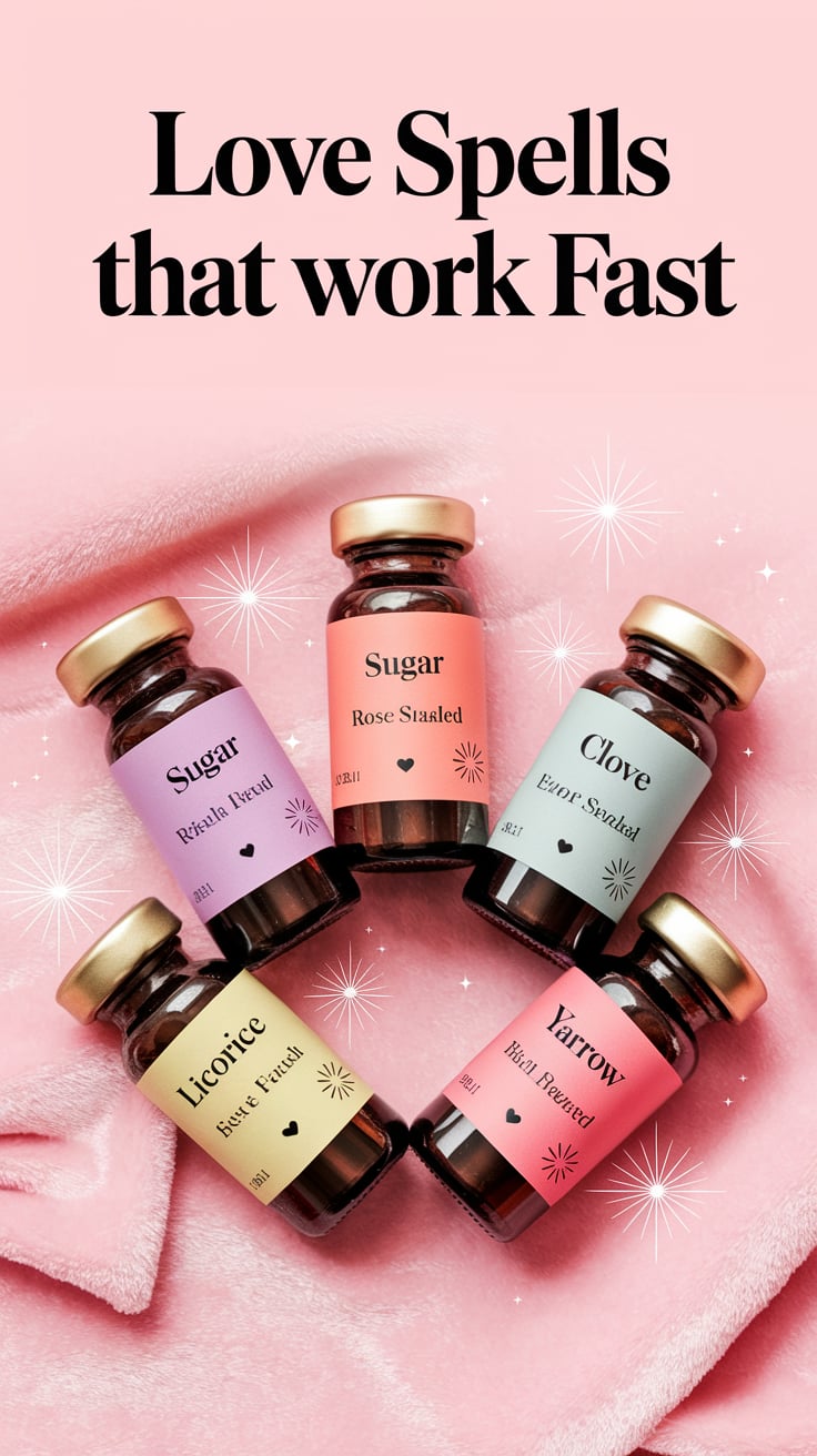 Five tiny labeled glass vials arranged in a fan: sugar, rose, clove, licorice, and yarrow. The background is soft pink velvet. Subtle sparkles surround the jars. This one is visual candy—clean, girly, and feels like a product even though it isn’t.