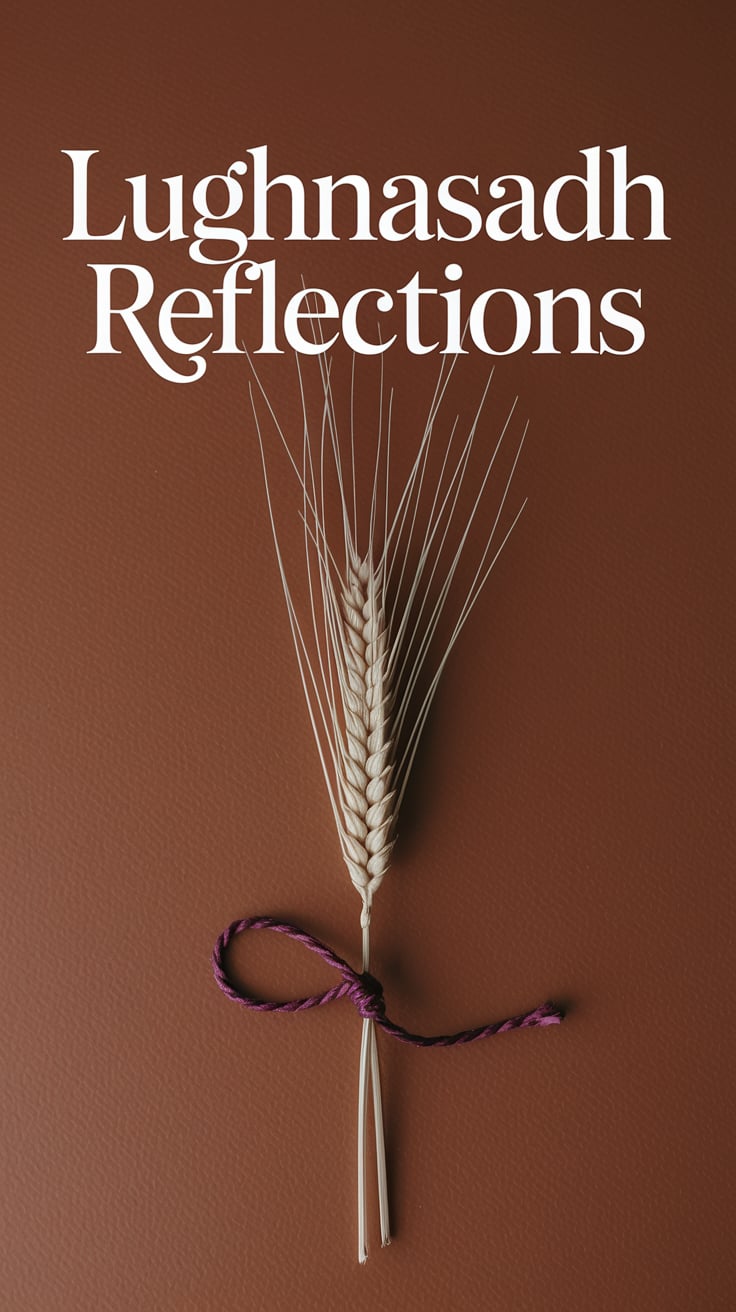 Lughnasadh Reflections A lone sprig of wild wheat tied with plum-colored twine lies centered on a smooth terracotta background. The phrase “Lughnasadh Reflections” is in large cream text, delicate serif font, hovering just above the wheat.