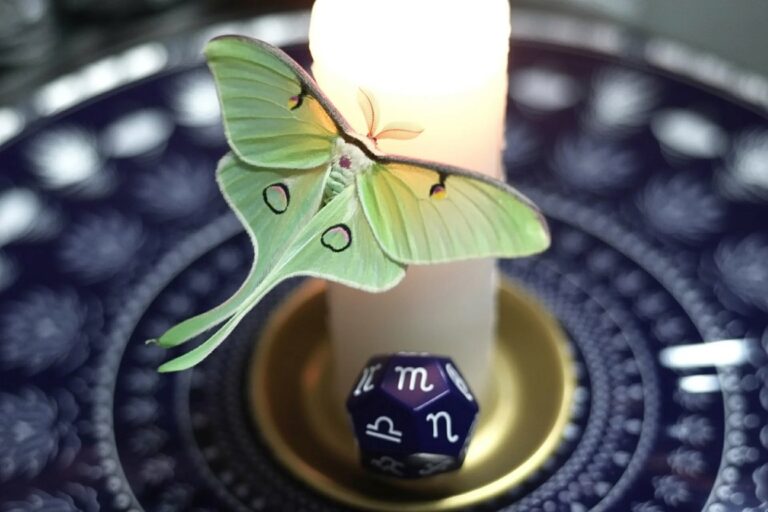 Pale celadon Luna moth with jade-green translucent wings and burgundy eyespots perches on white pillar candle above a small brass singing bowl holding one purple metallic zodiac die. White astrological glyphs mark each face. The moth belongs to night divination (Luna for moon, nocturnal for timing), the zodiac die shows the twelve signs that modify how planetary energy expresses, and brass carries solar correspondence. Dark charcoal fabric with raised dots spirals in background.