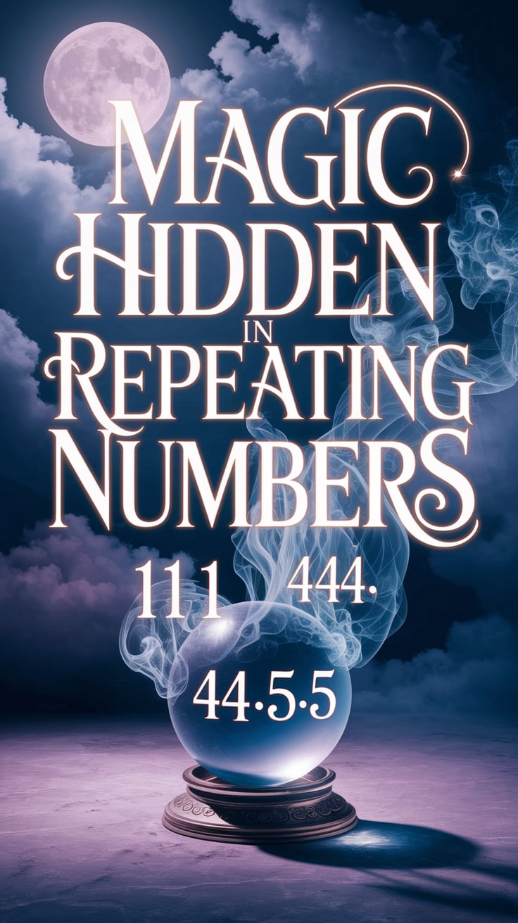 Magic Hidden in Repeating Numbers A soft, surreal image of numbers forming from smoke over a crystal ball. The digits 111, 444, and 555 hover in the mist like messages from spirit. The background is moonlit clouds and shadows. The phrase “Magic Hidden in Repeating Numbers” is large, in dreamy serif, glowing like a spirit sigil.