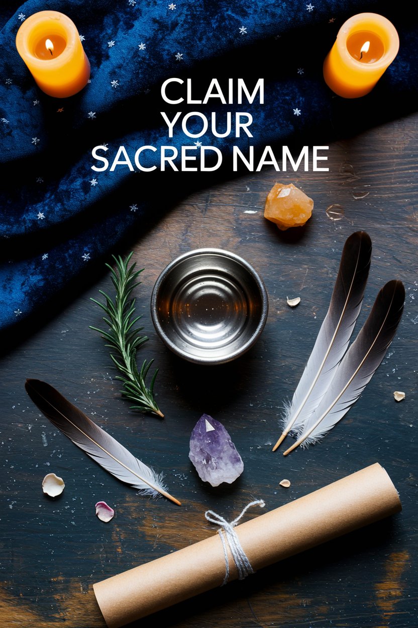 A mystical altar arrangement with silver bowl, candles, feathers, and parchment for choosing deity-inspired magical names respectfully