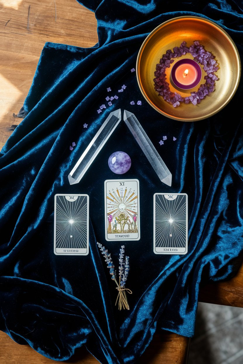 Three tarot cards displayed on indigo fabric with clear quartz points and amethyst chips, creating a sacred space for intuitive magical name selection.