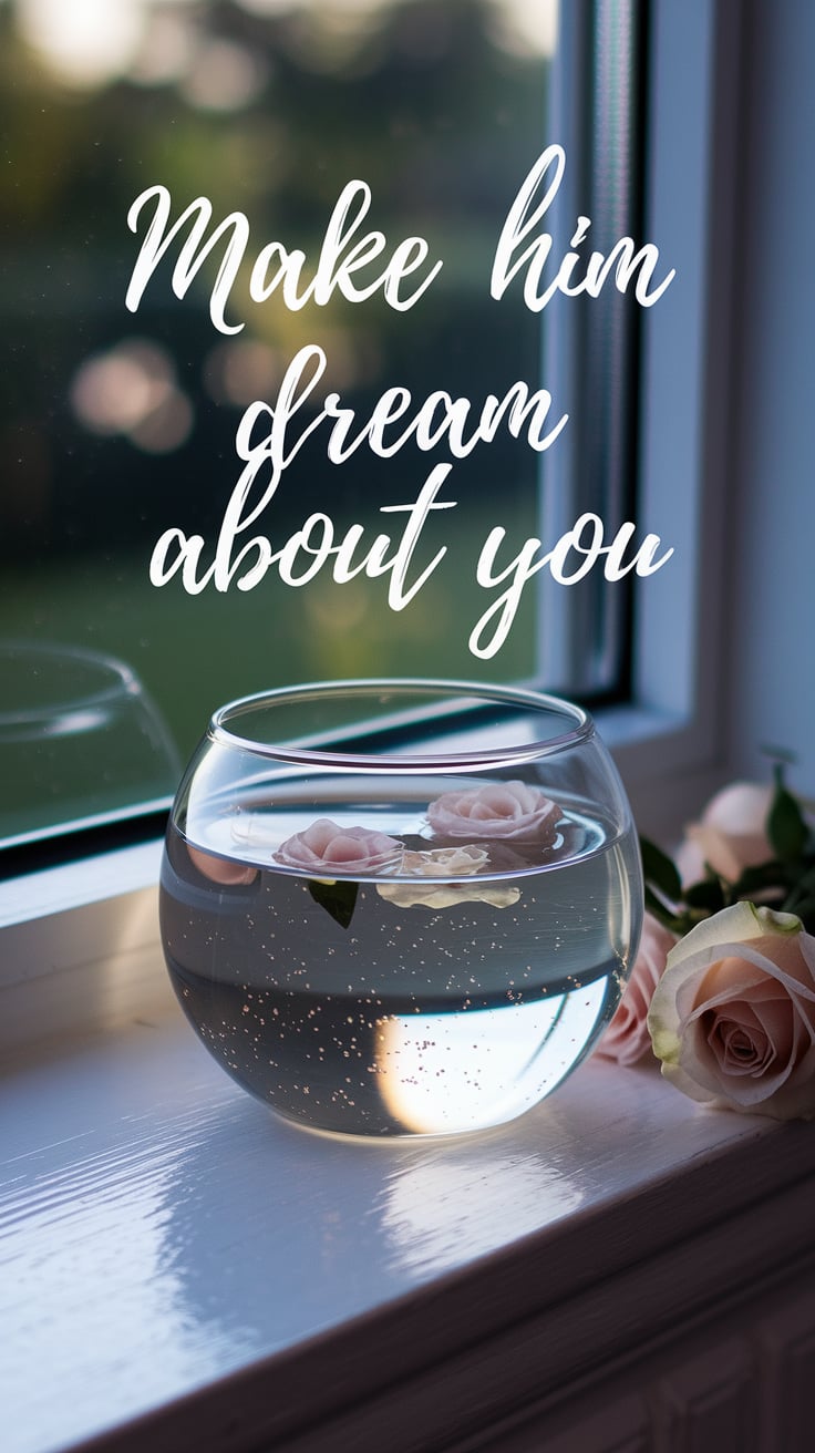 A small glass bowl of moon water placed at the edge of a windowsill, reflecting soft light. Floating rosebuds and shimmering flecks of glitter suggest a love spell’s aftermath. Font is soft brush script in pale gold. The whole image whispers "pretty little secret."