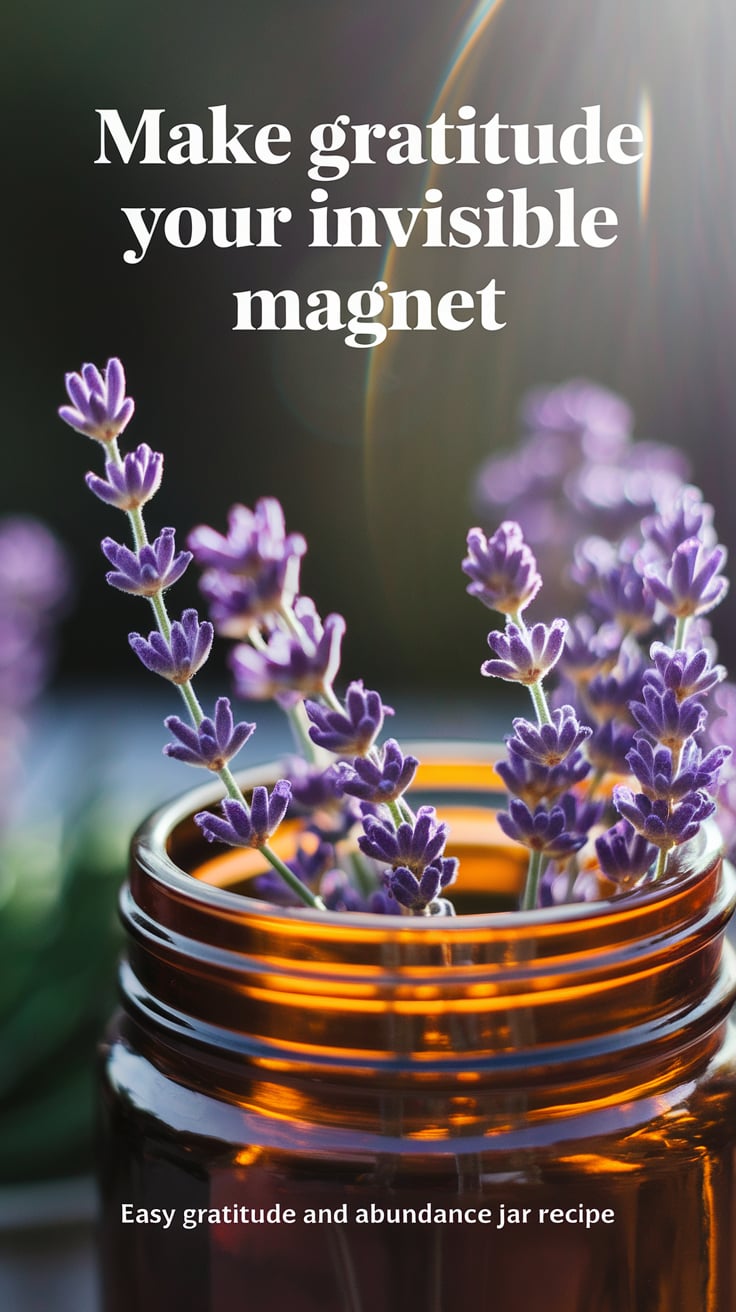 Make gratitude your invisible magnet A close-up of amber and lavender near the jar, sunlight creating a halo effect. The scene feels ordinary but secretly potent. Text: “Make gratitude your invisible magnet” Smaller at the bottom: ‘Easy gratitude and abundance jar recipe’.