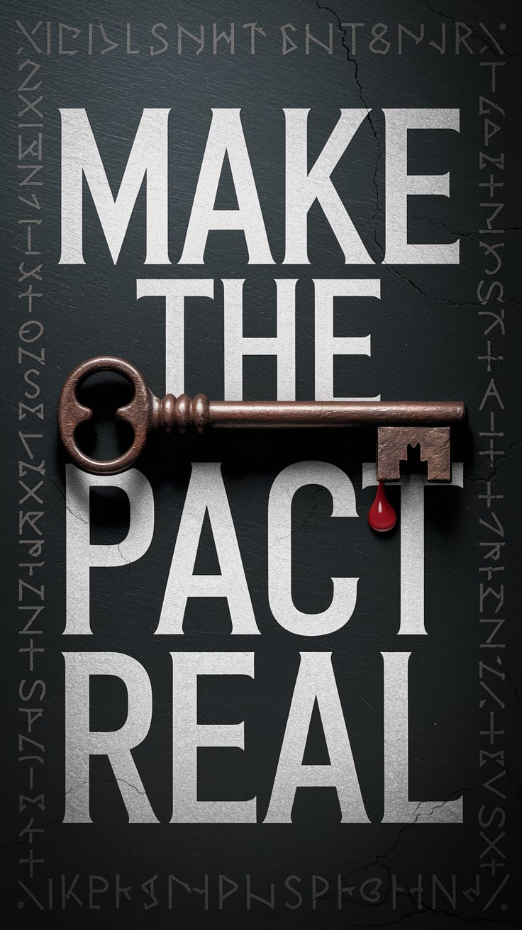 A single antique key, rusted but intricate, lies flat on cracked black slate. A drop of red wax touches its edge. The background is deep matte black with faint etched runes barely visible in the shadows. Text is large, bone-white, and slightly eroded, like it's been whispered over and over.