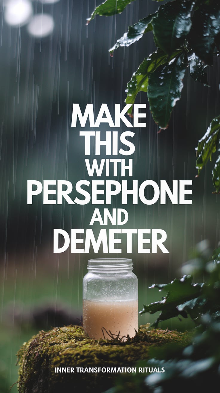 A misty outdoor scene with rain-soaked leaves and a jar on a mossy stone. The bold font, luminous white, reads: "Make this with Persephone and Demeter" Small at the bottom: “Inner transformation rituals”