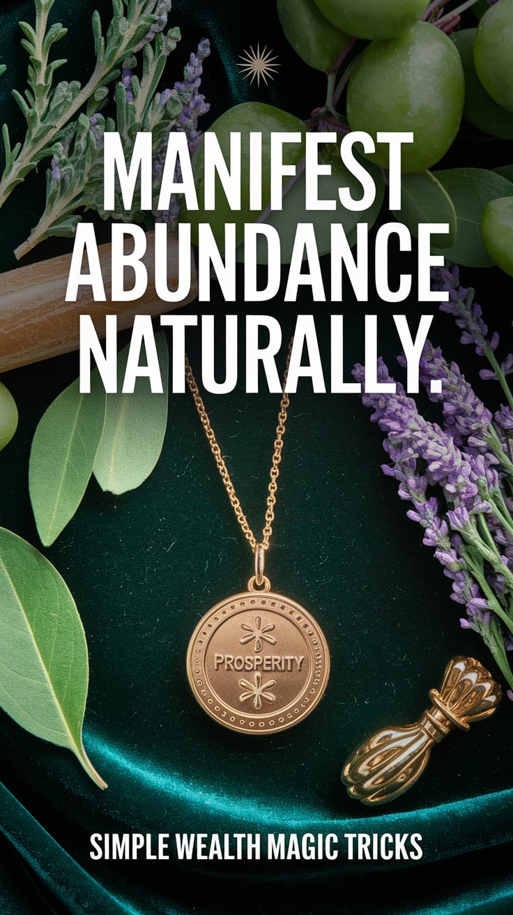 Manifest Abundance Naturally An elegant scene with herbs, gold accents, and a prosperity charm draped over a velvet cloth. Large font: "Manifest Abundance Naturally." At the bottom: “Simple wealth magic tricks.”