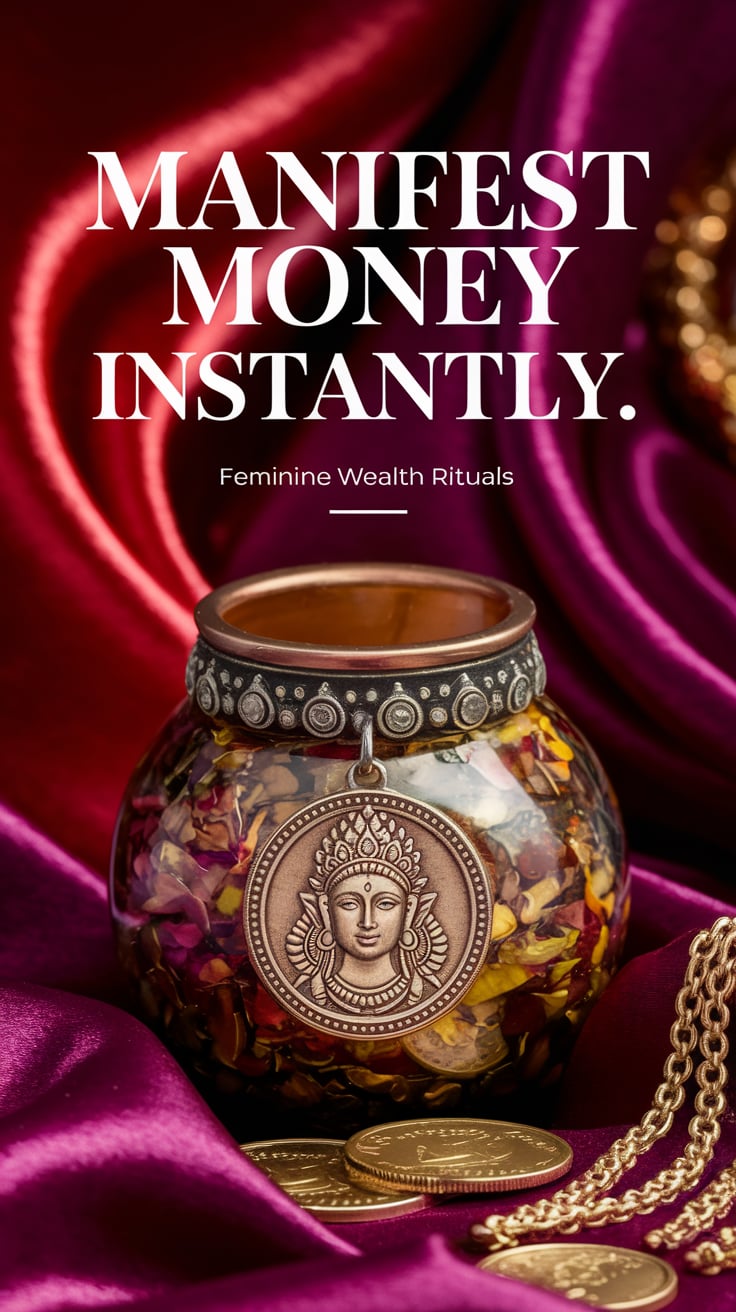 Manifest Money Instantly A rich, textured background of red and gold silk, with a prosperity jar decorated with a goddess Lakshmi coin pendant. Main text: "Manifest Money Instantly." Smaller text: “Feminine wealth rituals.”