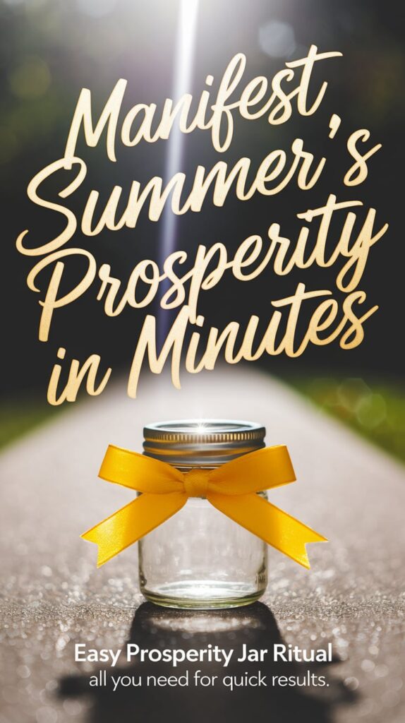 Sunny outdoor scene with a streak of sunlight casting a glow on a small, decorated jar with a cheerful yellow ribbon. The background is softly blurred, focusing on the jar. Overlay in bold, modern script in bright gold: *'Manifest summer’s prosperity in minutes' — the words are enticing and imply ease. Small, subtle text: ‘Easy prosperity jar ritual’. Suggests that seasonal magic is all you need for quick results.