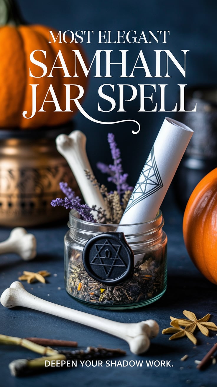 A cozy scene with dried herbs, bones, and a black wax sigil seal on a scroll inside a small jar. The bold text, in soft gold, states, “Most Elegant Samhain Jar Spell” with a gentle, alluring aura. Smaller text: “Deepen your shadow work.”