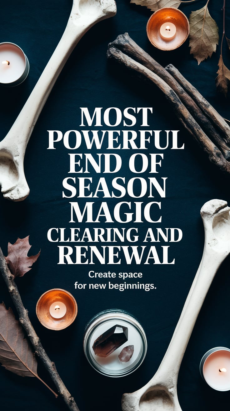 A flat lay of a black cloth, bones, dried leaves, and a jar with smoky quartz and root, accented by flickering candles. The bold, white text states, “Most Powerful End of Season Magic for Clearing and Renewal” with a sense of gentle finality. Small caption: “Create space for new beginnings.”