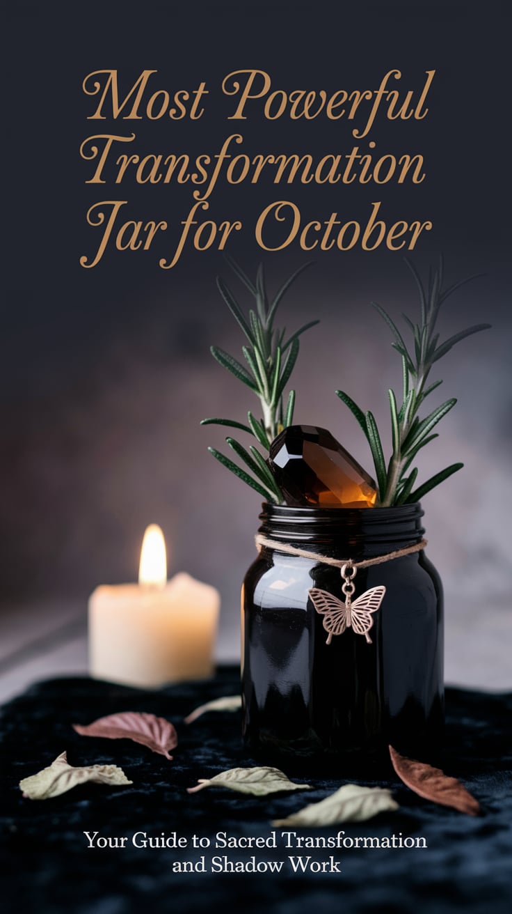 A layered jar scene with dried herbs, moss, bones, and a tiny sigil scroll sealed with wax, with smoke wisps curling around. The bold text in elegant white reads, “Best Shadow Integration Spell for October” against a shadowed background. Beneath, “Deepen your inner knowing.”
