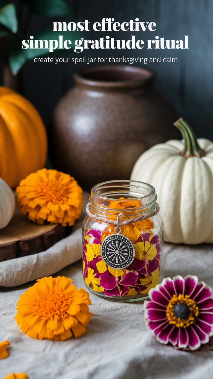 Most effective simple gratitude ritual A soft-focus scene of cozy fall decor with a simple jar of marigold petals and a charm. Bright yellows and pinks. Text: “Most effective simple gratitude ritual” Caption: “Create your spell jar for thanksgiving and calm”
