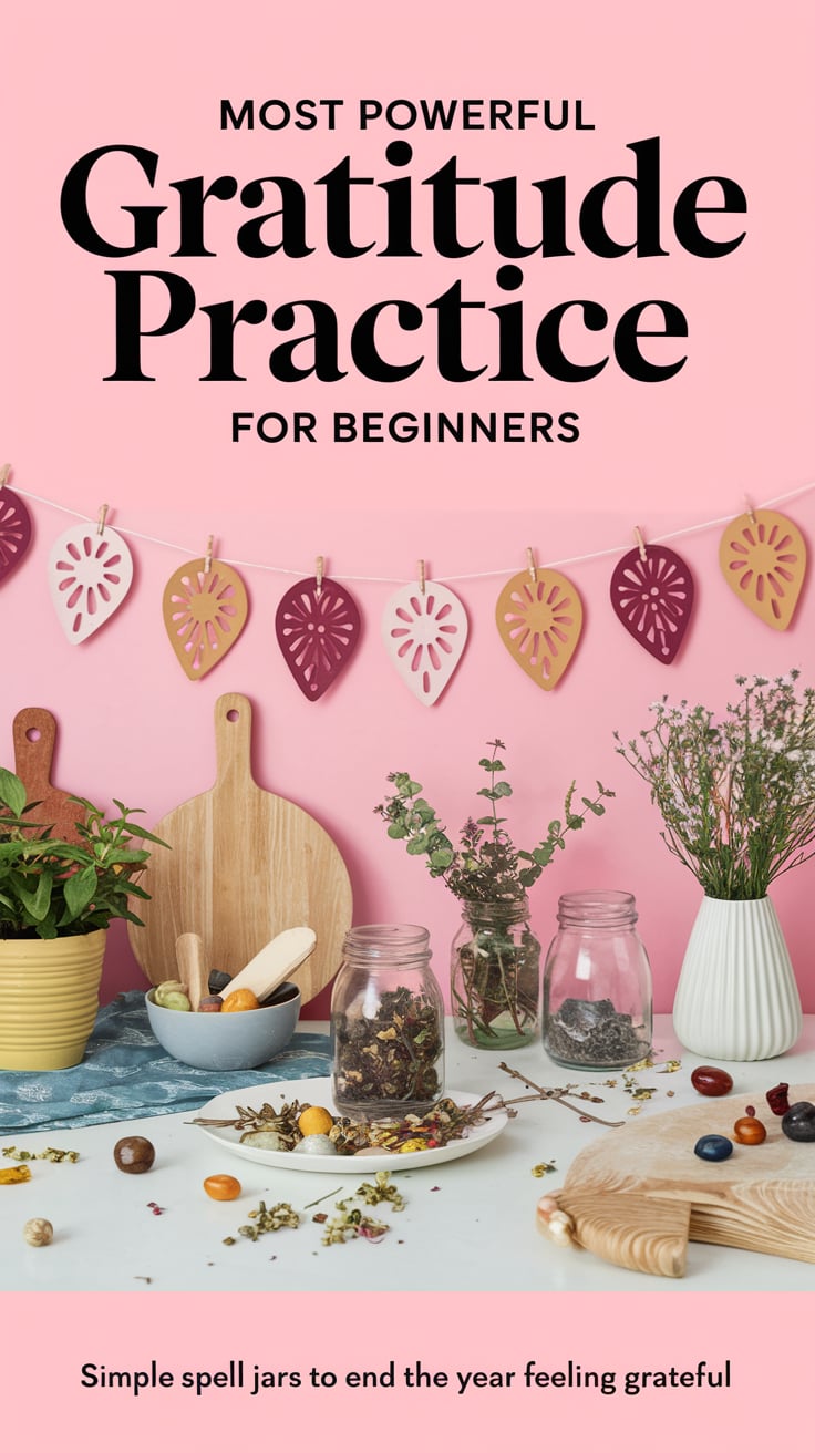 Most powerful gratitude practice for beginners A bright, cheerful kitchen table with herbs, gemstones, and a gratitude token. Decorated feminine style. Large font: “Most powerful gratitude practice for beginners” Caption: “Simple spell jars to end the year feeling grateful”