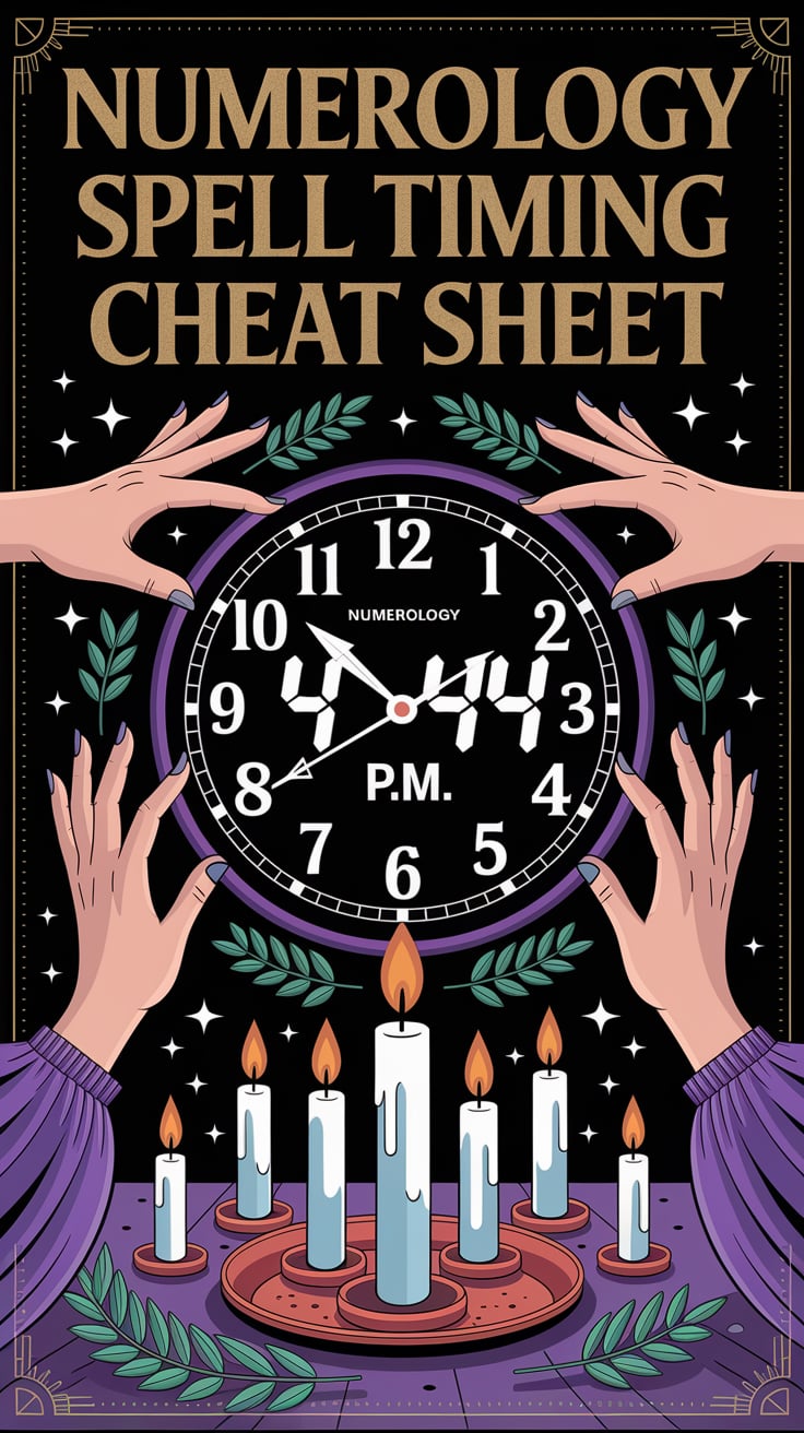 Numerology Spell Timing Cheat Sheet An image of a digital clock at 4:44 p.m., surrounded by witchy hands reaching out, holding herbs and candles. The scene is frozen, spell mid-cast. The text “Numerology Spell Timing Cheat Sheet” is large, dusty gold, and boxed in thin white lines like a vintage diagram.