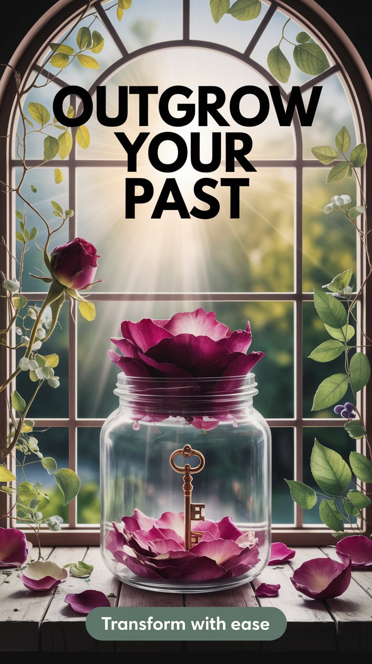 An airy botanical window scene with a jar topped with dried rose petals and a tiny crystal key inside. Bright sunlight streams in. The large text proclaims “Outgrow Your Past”. Smaller link: “Transform with Ease”