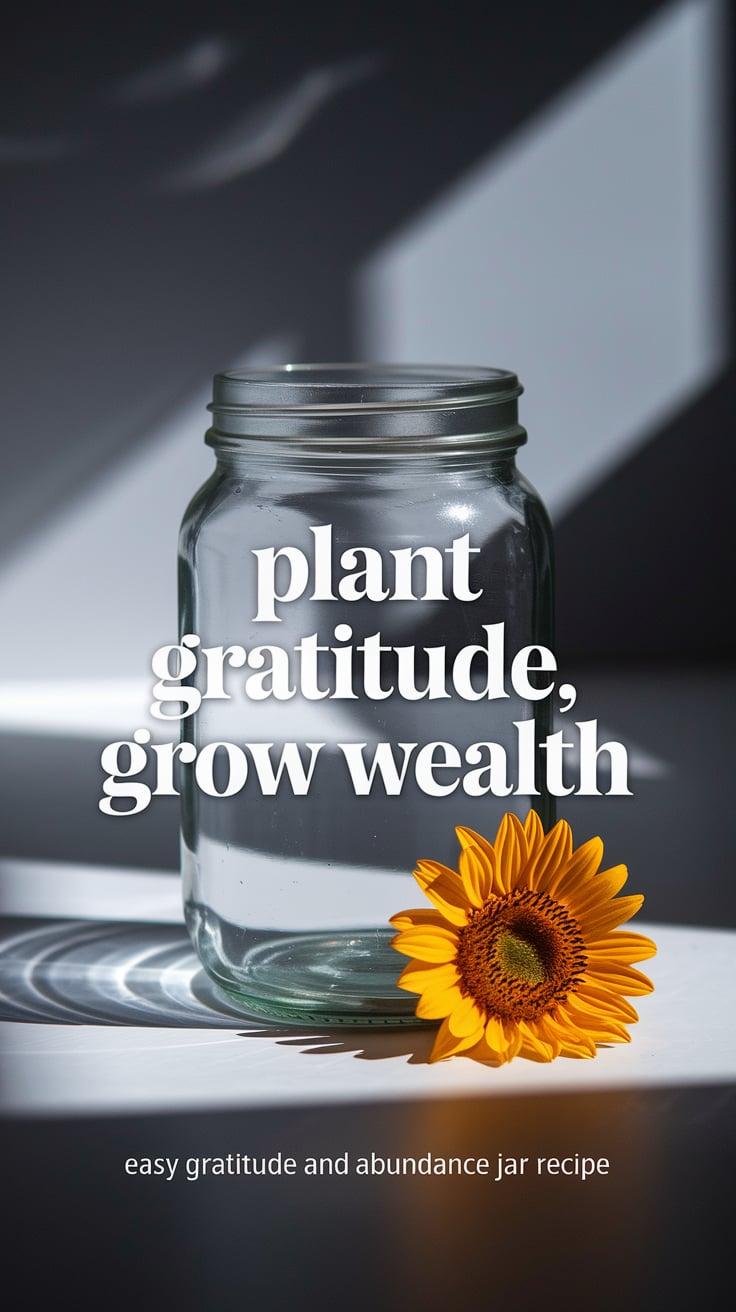 A subtle scene showing the jar with sunlight streaming onto it, casting gentle shadows. A sunflower petal is attached nearby. Text: “Plant gratitude, grow wealth” Smaller at the bottom: ‘Easy gratitude and abundance jar recipe’.