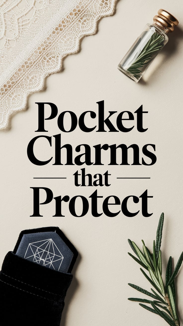 A flat lay of delicate funeral accessories: a lace handkerchief, a tiny vial of rosemary, and a black velvet pouch peeking open with a folded sigil inside. The background is off-white parchment. In the center, the phrase “Pocket Charms That Protect” is written in a bold but elegant serif font in pale charcoal, crisp and weighty against the soft backdrop.