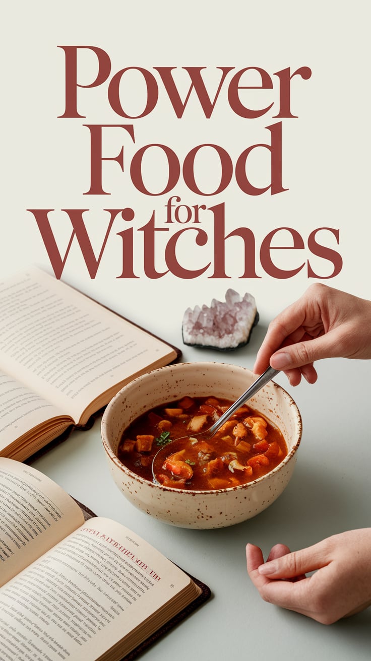 Power Food for Witches A feminine scene of open grimoire pages, stew in a gently worn bowl, and hands just entering the frame—one reaching for a spoon. A crystal cluster rests in soft focus near the corner. The color palette is cream, copper, and light grey. The font is clean and contemporary serif, uppercase, colored in soft paprika red, with the title hovering over the bowl like a blessing.