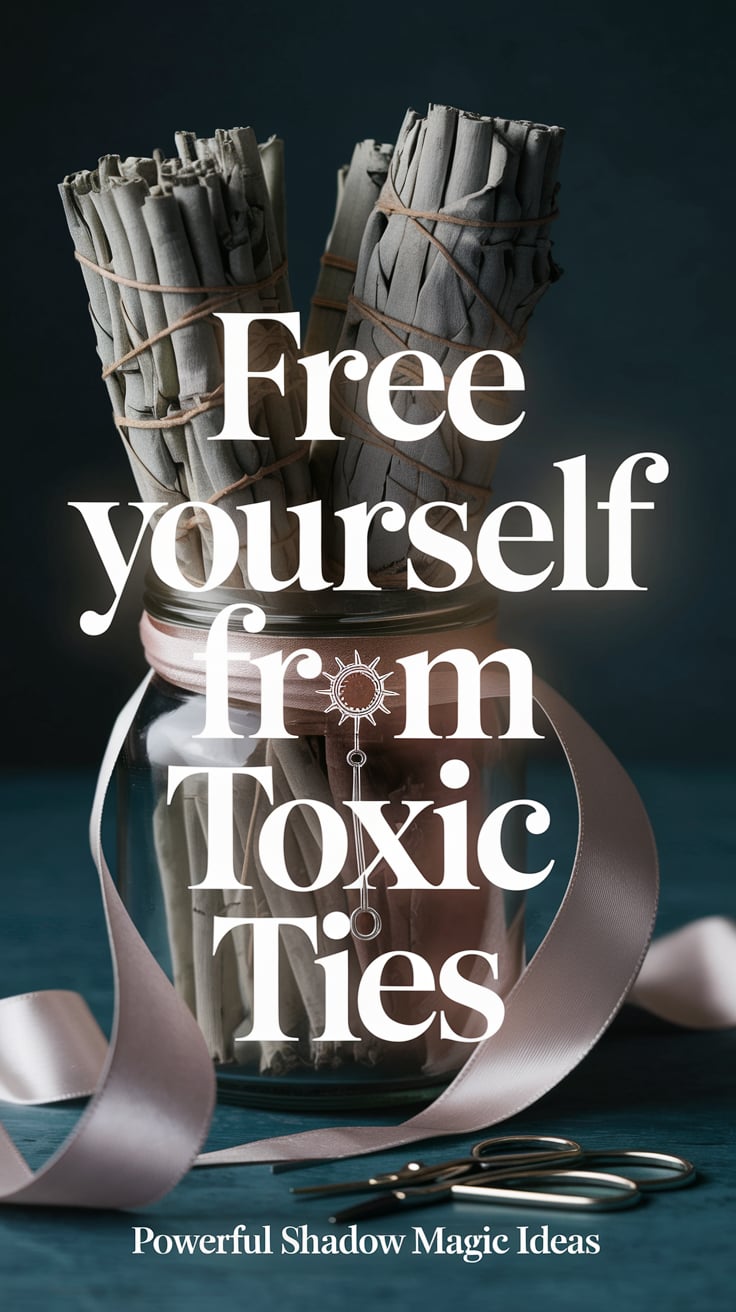 Powerful shadow magic ideas A softly lit shot of a jar with sage, tiny scissors, and a silk ribbon, with a delicate thorn symbol engraved on a hidden charm. The large font reads “Free Yourself from Toxic Ties” in white, with a soft glowing effect. “Powerful shadow magic ideas.”