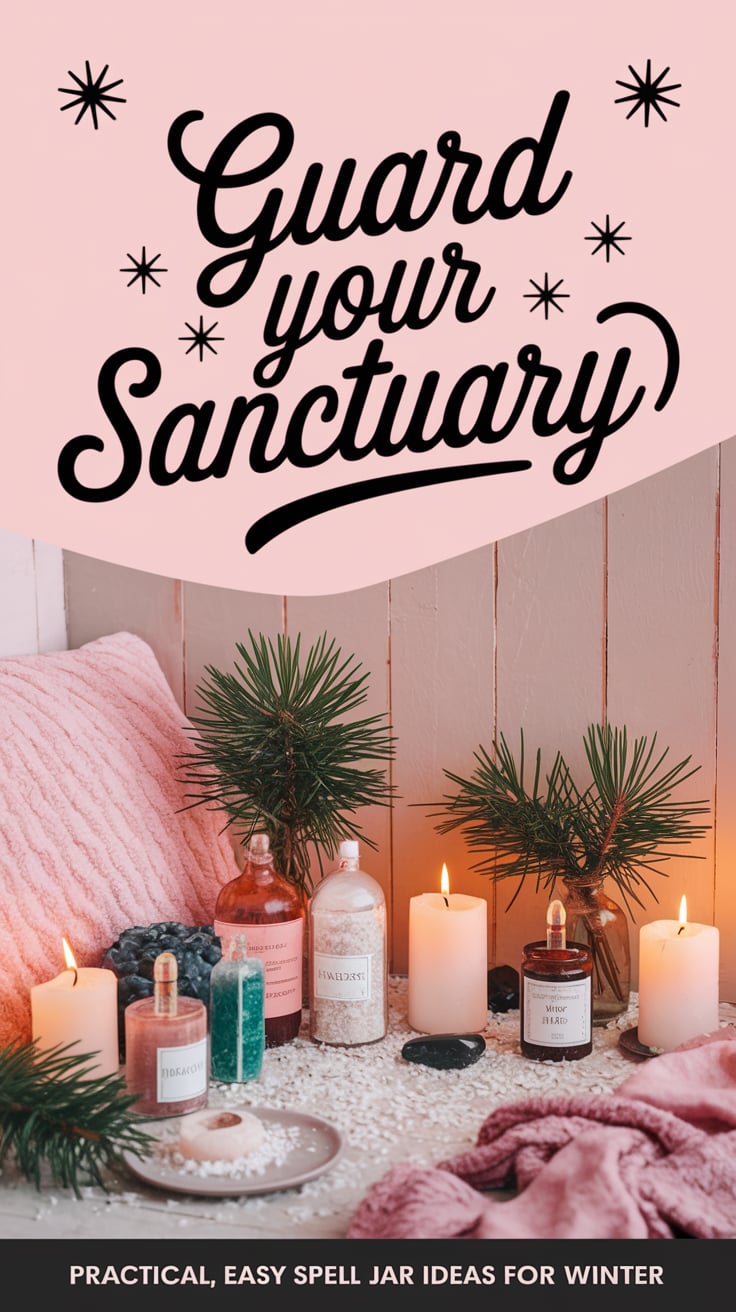 A cozy nook with salt, pine, and tourmaline arranged with candles, pink accents, and soft lighting. The big text in feminine script says “Guard Your Sanctuary.” It’s designed to inspire quick confidence in home protection. Footer: “Practical, easy spell jar ideas for winter.”