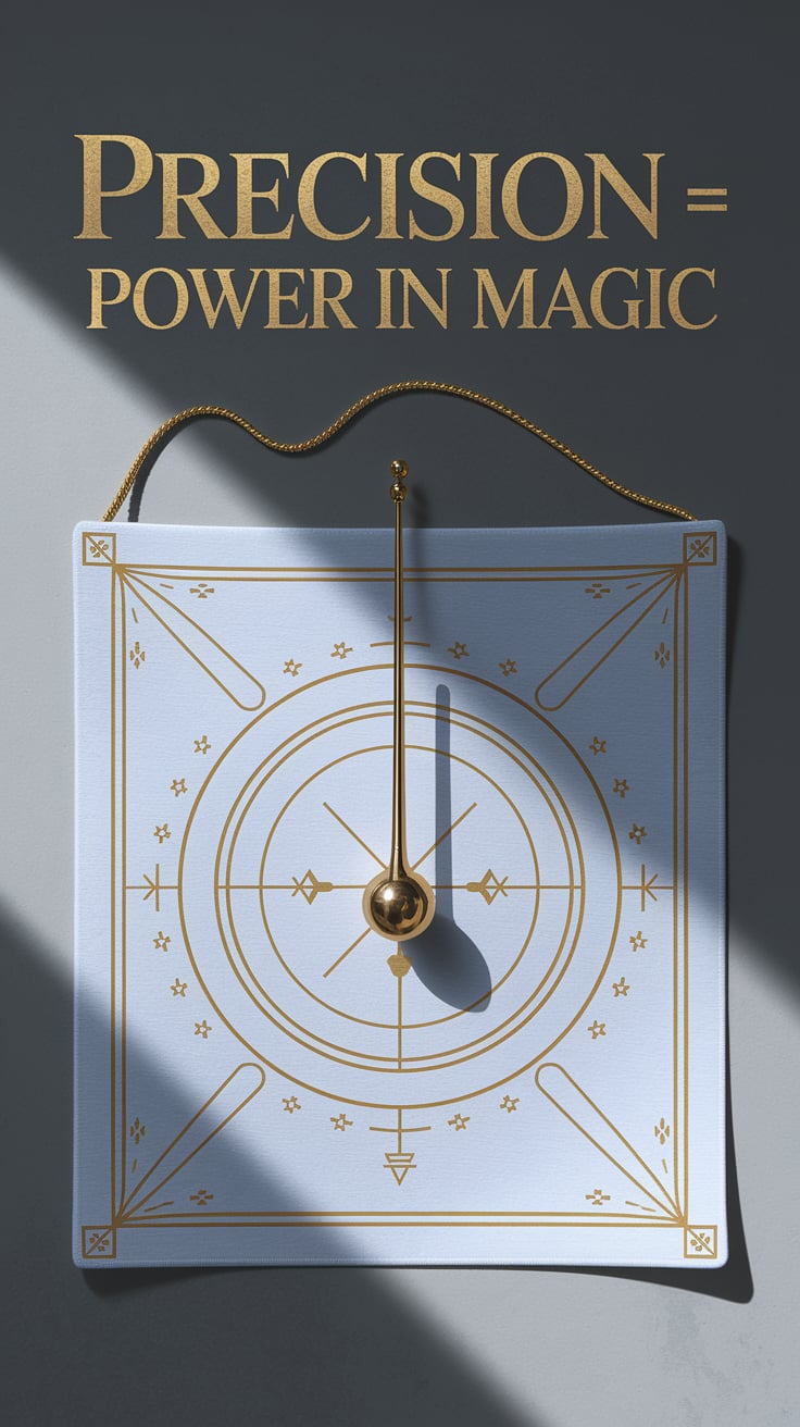 A gold pendulum frozen mid-swing over a sigil-drawn cloth. Each angle of the cloth and pendulum cord is perfectly centered. Light falls precisely, casting sharp, clean shadows. Text is crisp gold serif, laser-aligned across the top.